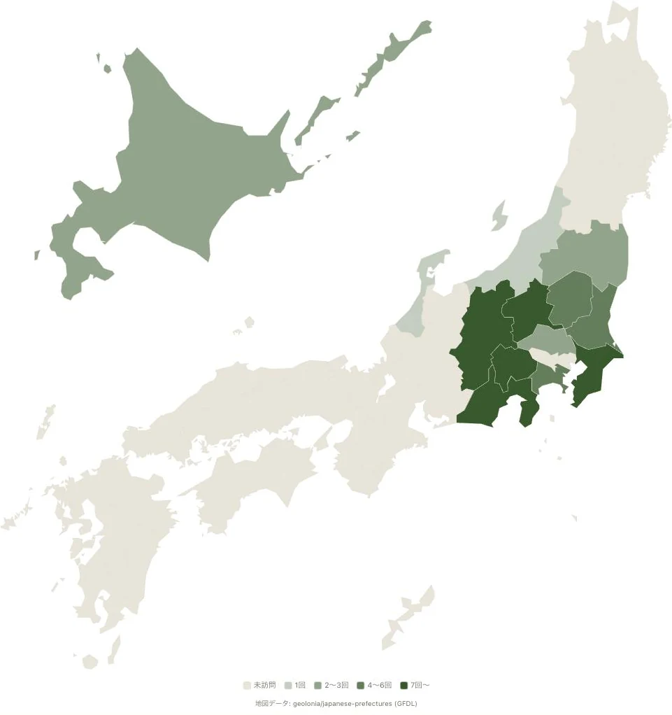 訪問マップの画面イメージ。訪問回数で塗り分けた日本地図と凡例